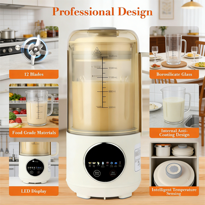 1500ML Automatic Plant Milk Machine, Multifunctional Blender with Soundproof Cover, 12 Blades, Delay Timer & Intelligent Control