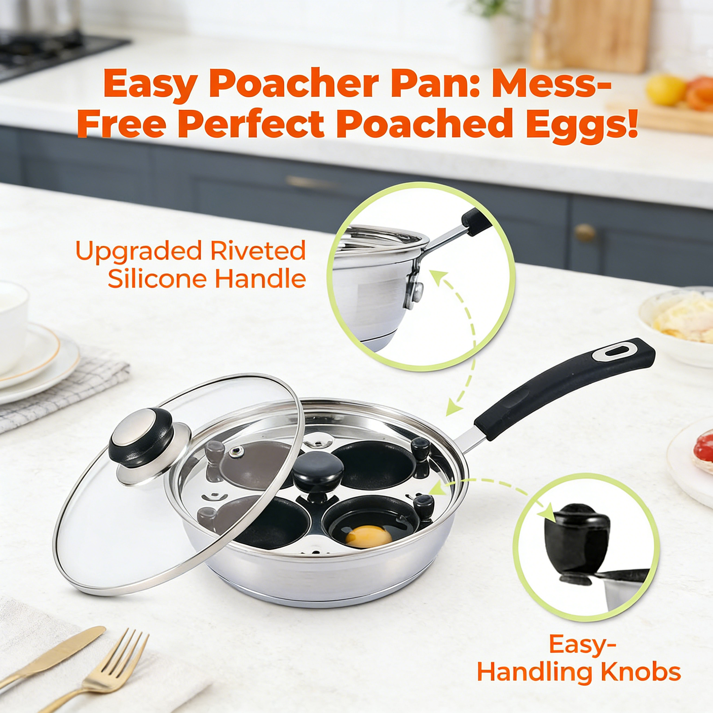4-Cup Egg Poacher Pan with Lid, Non-Stick Egg Cooker Set with Silicone Spatula, Heat Resistant Handle for Breakfast Cooking