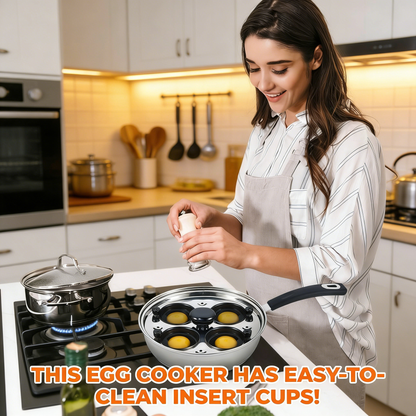 4-Cup Egg Poacher Pan with Lid, Non-Stick Egg Cooker Set with Silicone Spatula, Heat Resistant Handle for Breakfast Cooking