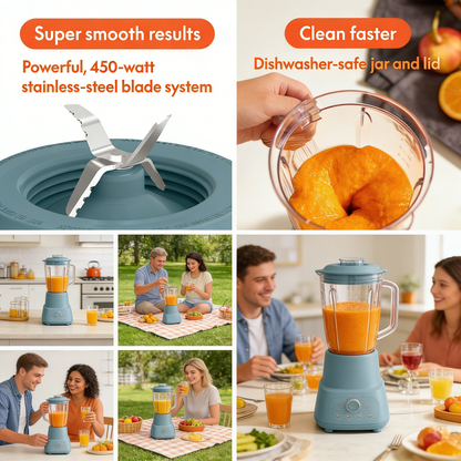 6-Cup Compact Countertop Blender, 450W Powerful Blender with Space-Saving Storage Design, Dishwasher Safe Jar for Smoothies and Shakes