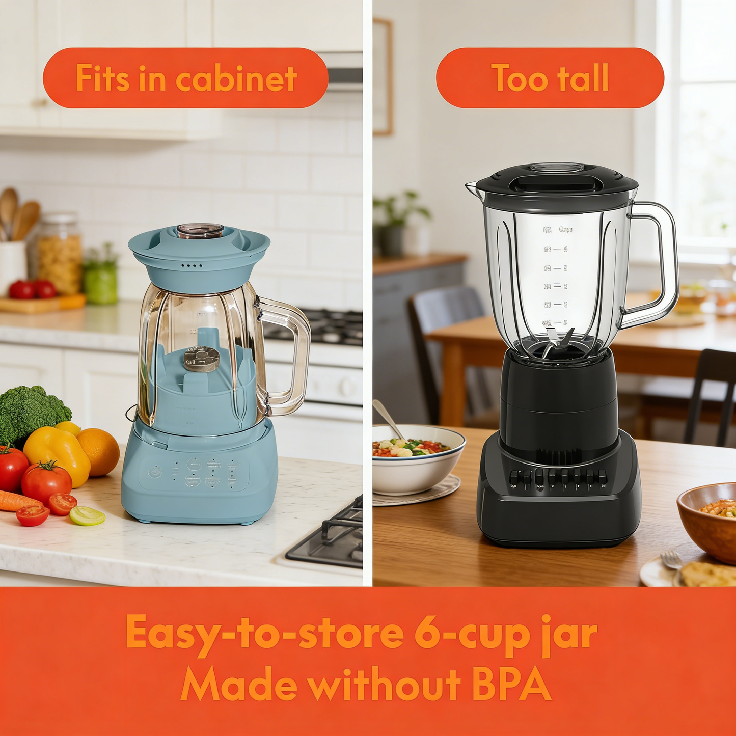 6-Cup Compact Countertop Blender, 450W Powerful Blender with Space-Saving Storage Design, Dishwasher Safe Jar for Smoothies and Shakes