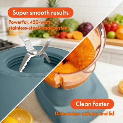 6-Cup Compact Countertop Blender, 450W Powerful Blender with Space-Saving Storage Design, Dishwasher Safe Jar for Smoothies and Shakes